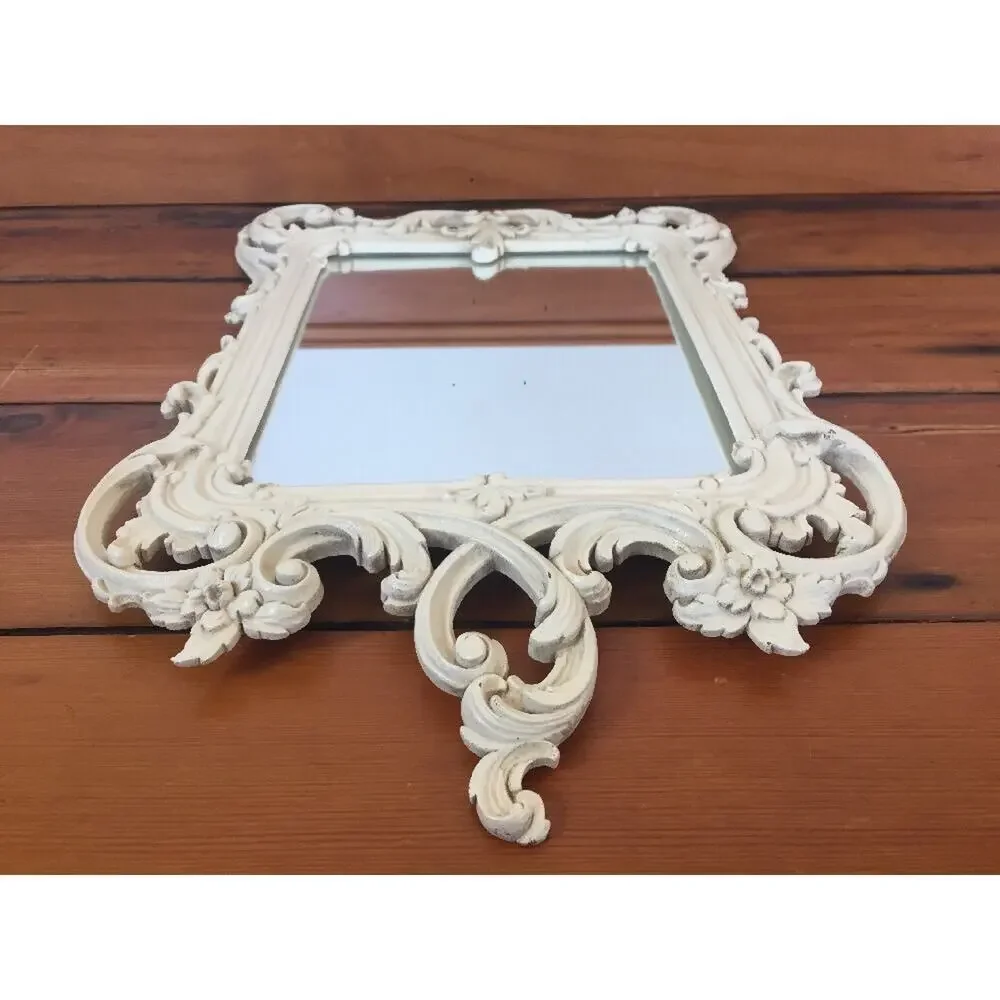 Vintage Syroco Wood Rectangular Filigree Ornamental White Wooden Wall Mirror 16